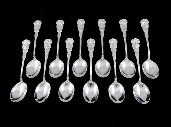 12 Antique Art Nouveau Durgin Tulip Sterling Silver Bouillon Dessert Spoon 5 3/8