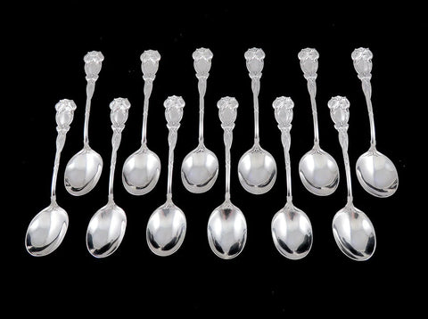 12 Antique Art Nouveau Durgin Tulip Sterling Silver Bouillon Dessert Spoon 5 3/8