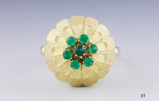 Lovely 18k Yellow Gold Green Chrysoprase & Synthetic Emerald Ring Size 6.25