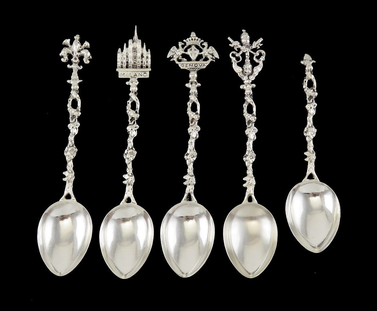 Great Set 4 Italian Silver Souvenir Demitasse Spoons w City Crests