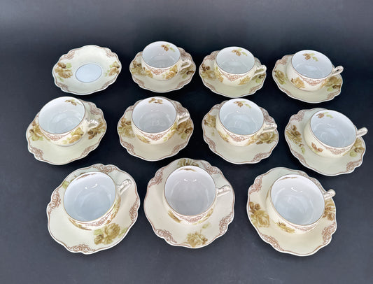 Charming Set Ohme Silesia Poland Old Ivory 10 Teacups Coffee Cups 11 Saucers