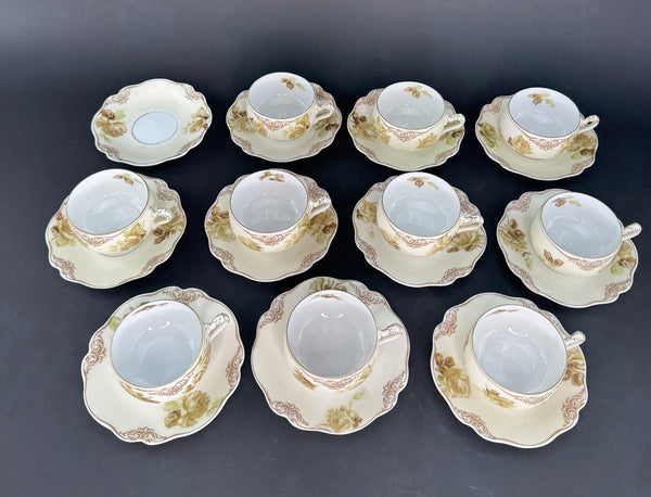 Charming Set Ohme Silesia Poland Old Ivory 10 Teacups Coffee Cups 11 Saucers