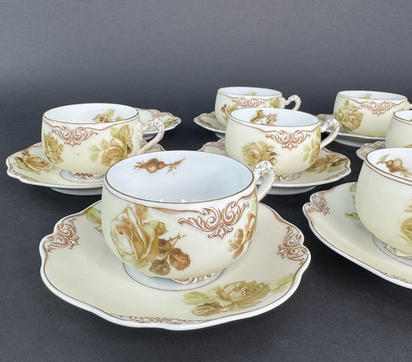 Charming Set Ohme Silesia Poland Old Ivory 10 Teacups Coffee Cups 11 Saucers