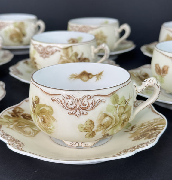 Charming Set Ohme Silesia Poland Old Ivory 10 Teacups Coffee Cups 11 Saucers