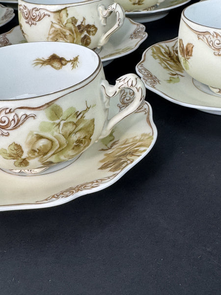 Charming Set Ohme Silesia Poland Old Ivory 10 Teacups Coffee Cups 11 Saucers