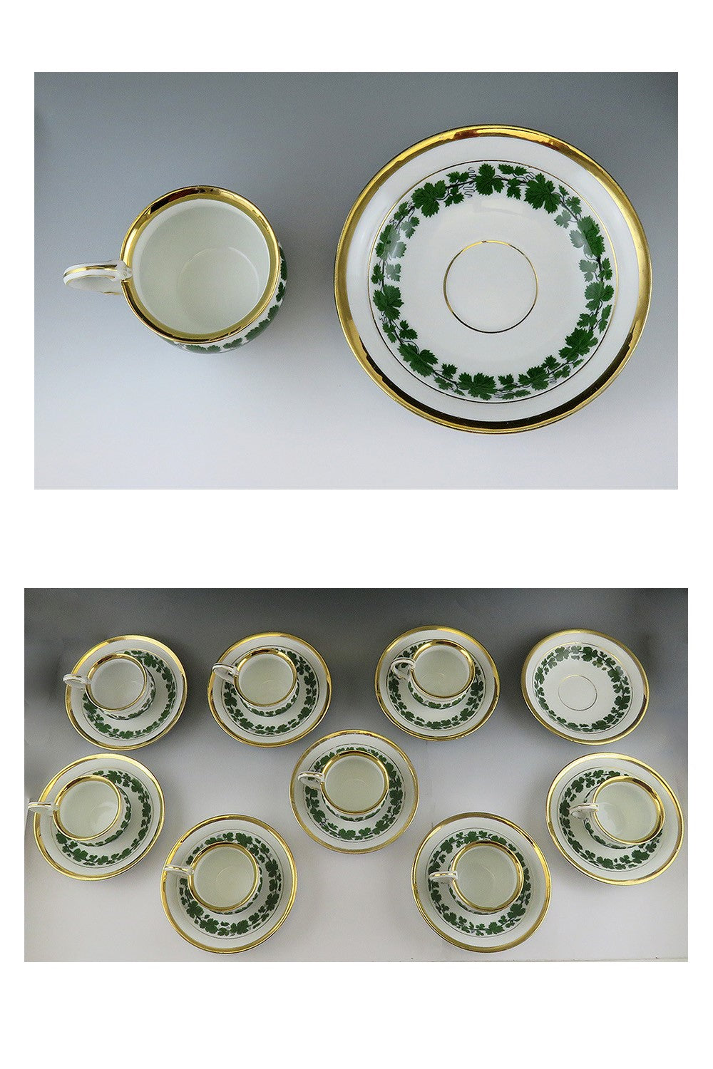 Fantastic 17pc Meissen Full Green Vine Gilt Tea Coffee Cup and Saucer Set