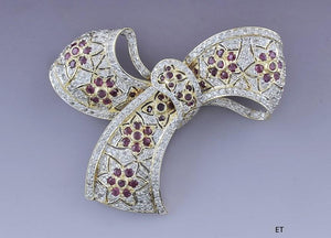 Stunning 18k White & Yellow Gold Diamond & Ruby Ribbon Pin / Brooch