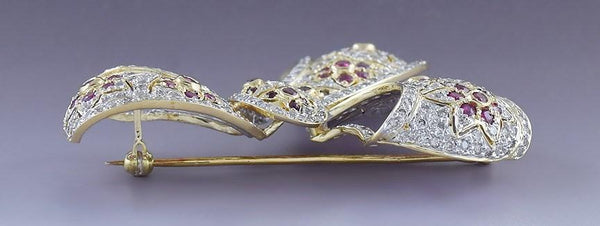 Stunning 18k White & Yellow Gold Diamond & Ruby Ribbon Pin / Brooch