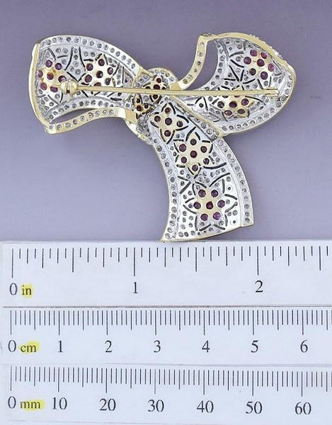 Stunning 18k White & Yellow Gold Diamond & Ruby Ribbon Pin / Brooch