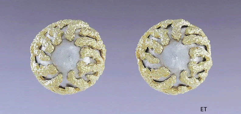 Lovely Pair 18k Gold Two Tone White & Yellow Dome Earrings