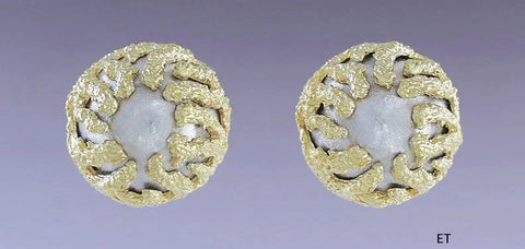 Lovely Pair 18k Gold Two Tone White & Yellow Dome Earrings