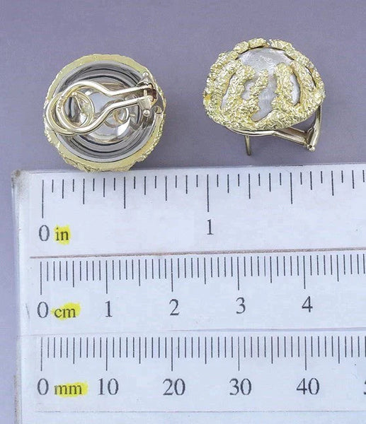 Lovely Pair 18k Gold Two Tone White & Yellow Dome Earrings