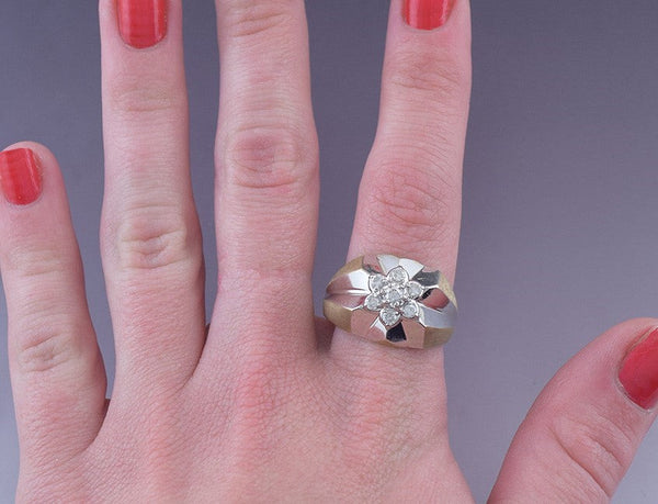 Brilliant 10K White and Yellow Gold Diamond Floral Ring Size 12