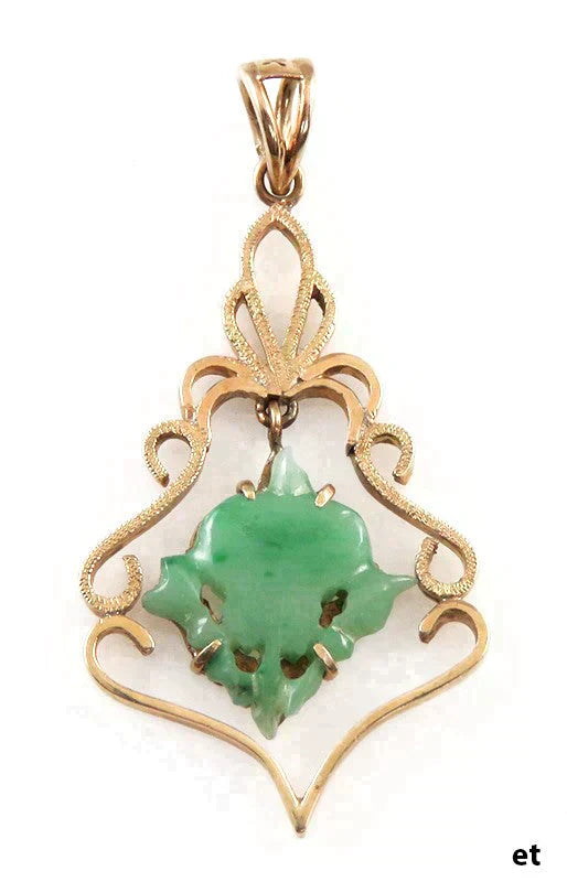 Wonderful 14K Yellow Gold & Carved Jade Pendant or Lavalier