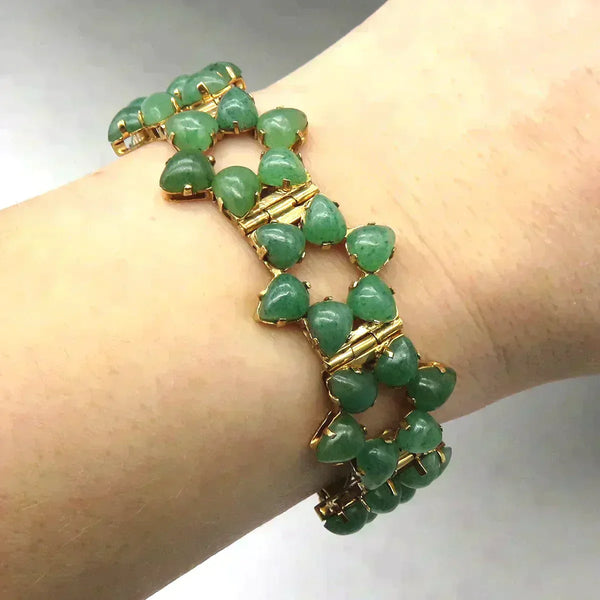 Well Made 14K Yellow Gold Aventurine Stone Star Flower Linked Bracelet 7"