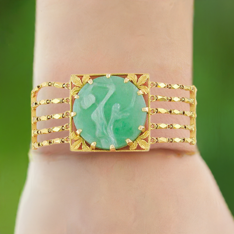 Stunning 14k Gold Hand Carved Chinese Jadeite Jade Peach Longevity Bracelet