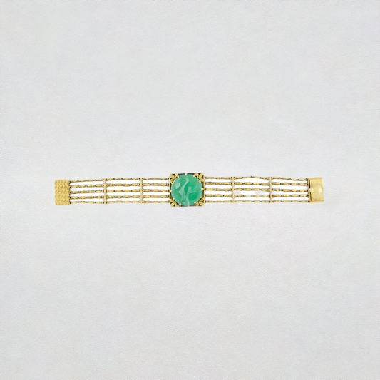 Stunning 14k Gold Hand Carved Chinese Jadeite Jade Peach Longevity Bracelet