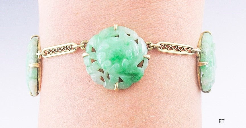 c1910s-1920s Carved Green Jade 14k Yellow Gold Bracelet Flowers and Birds Design