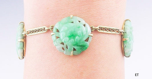 c1910s-1920s Carved Green Jade 14k Yellow Gold Bracelet Flowers and Birds Design
