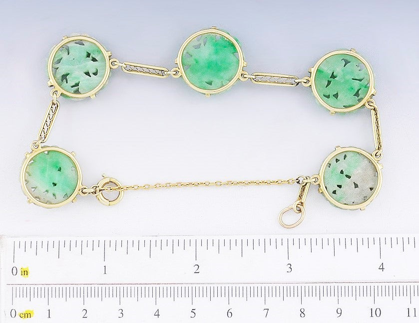 c1910s-1920s Carved Green Jade 14k Yellow Gold Bracelet Flowers and Birds Design