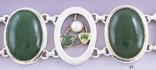 Beautiful Sterling Silver & 18k Gold Jadeite Jade Peridot Pearl Bracelet