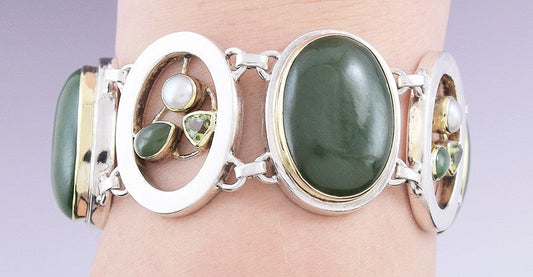 Beautiful Sterling Silver & 18k Gold Jadeite Jade Peridot Pearl Bracelet