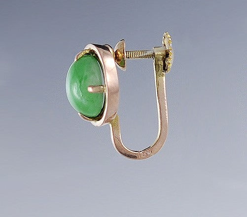 Nice Pair 1940s Asian 18k Gold & Jade Cabochon Earrings