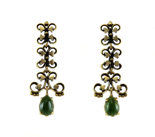 Vintage Victorian Style 14K Yellow Gold Natural Jade Stone Dangle Earrings