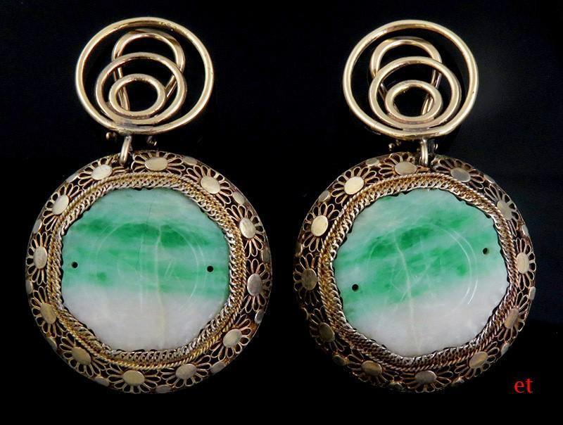 Superb Chinese Carved Jade Silver & 14K Gold Dangle Clip Earrings