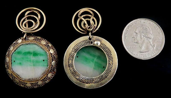 Superb Chinese Carved Jade Silver & 14K Gold Dangle Clip Earrings