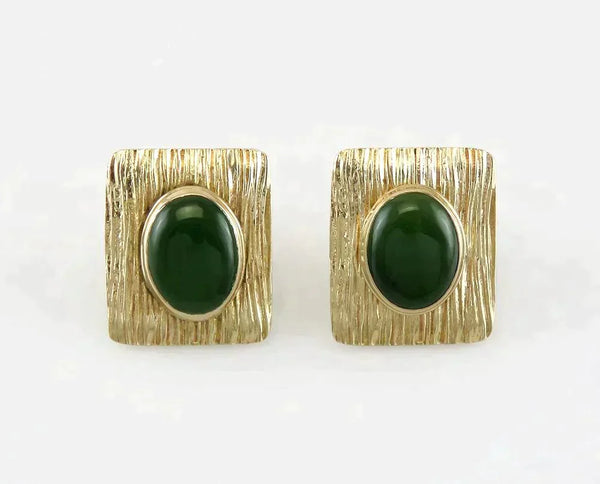 Retro Style 14K Yellow Gold & Natural Jade Stone Cabochon Stone Clip Earrings