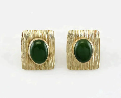 Retro Style 14K Yellow Gold & Natural Jade Stone Cabochon Stone Clip Earrings