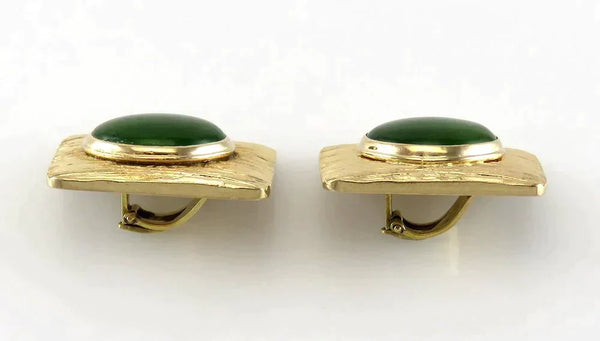 Retro Style 14K Yellow Gold & Natural Jade Stone Cabochon Stone Clip Earrings