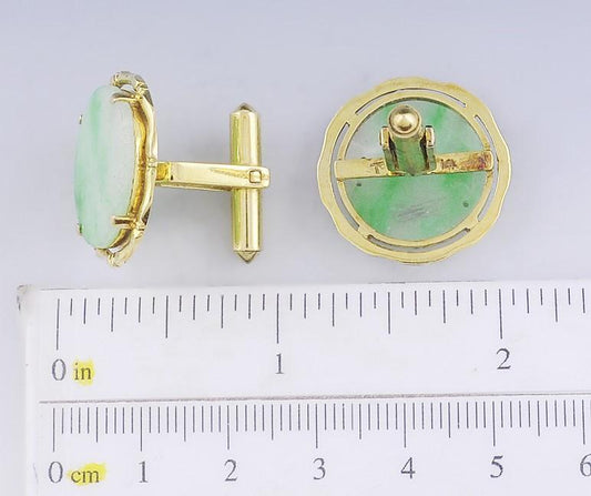 Handsome Pair Chinese 14k Gold & Carved Jadeite Jade Cufflinks