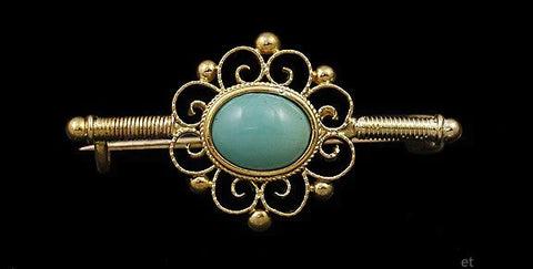 Quality Victorian 18k Gold Turquoise Filigree Pin