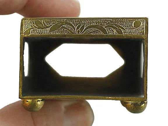 Chinese Brass & Carved Soapstone Talc Floral Matchbox Holder