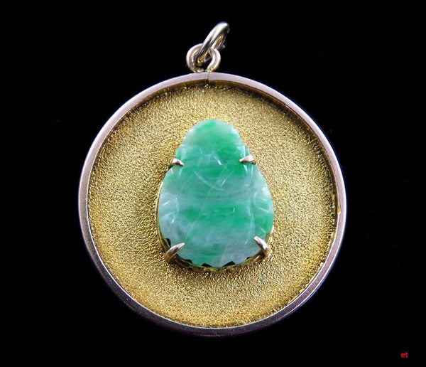 Vintage 1920s 14K Gold & Carved Jadeite Buddha Circle Pendant