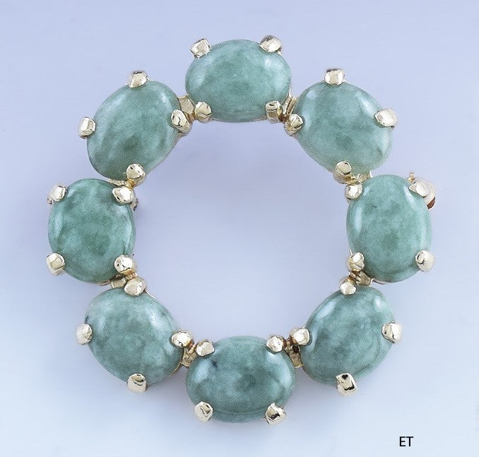 Lovely VTG 14k Gold Jadeite Jade Circle Pin / Brooch