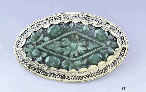 Lovely 14k Gold Filigree Hand Carved Jadeite Spinach Jade Floral Pin / Brooch