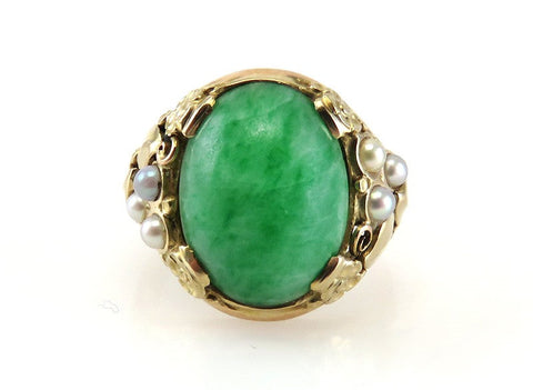 Antique 14K Yellow Gold Natural 6.5 CT Jade Cabochon Pearl Statement Ring