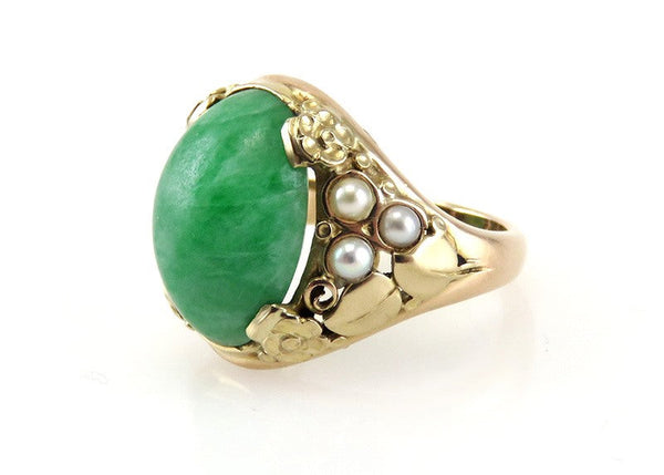 Antique 14K Yellow Gold Natural 6.5 CT Jade Cabochon Pearl Statement Ring