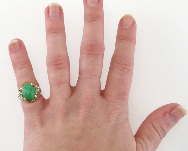 Antique 14K Yellow Gold Natural 6.5 CT Jade Cabochon Pearl Statement Ring