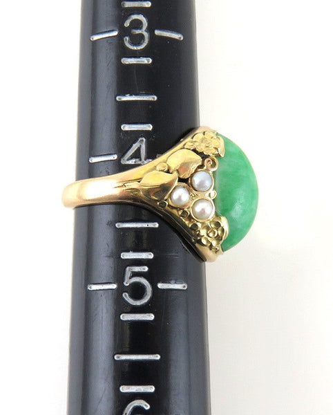 Antique 14K Yellow Gold Natural 6.5 CT Jade Cabochon Pearl Statement Ring