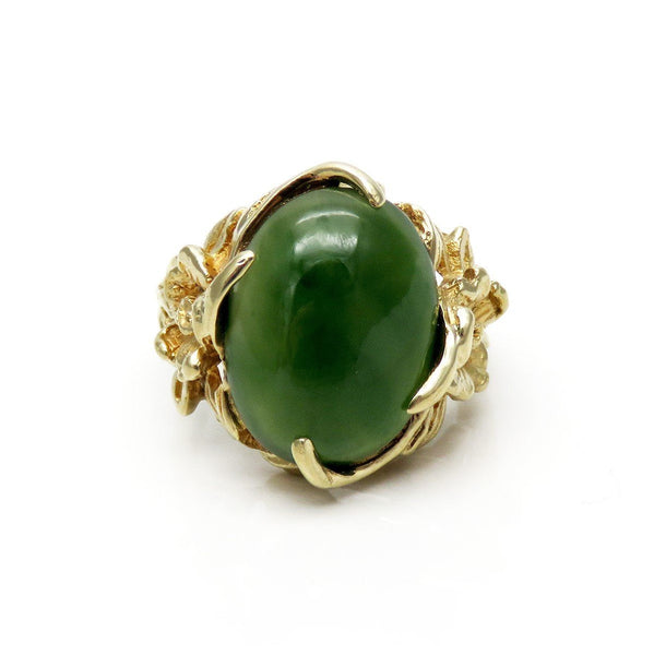 Beautiful VTG 10k Yellow Gold Green Nephrite Jade Floral Ring