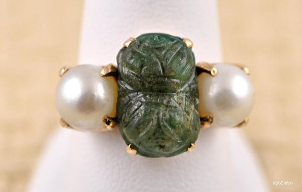 14k Yellow Gold Genuine Pearl Emerald Scarab Ring Sz 7.75