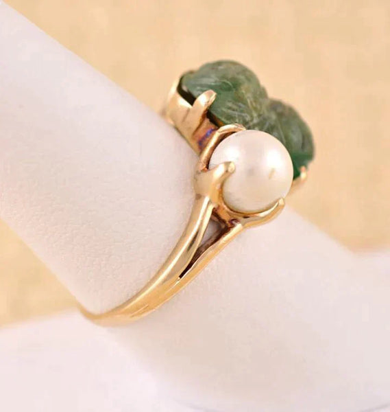 14k Yellow Gold Genuine Pearl Emerald Scarab Ring Sz 7.75