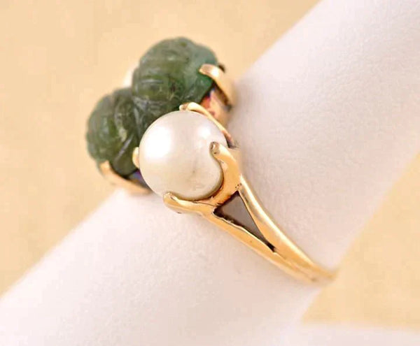 14k Yellow Gold Genuine Pearl Emerald Scarab Ring Sz 7.75