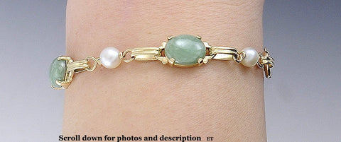 Superb 14k Gold Pearl & Jade Cabochon Linked Bracelet