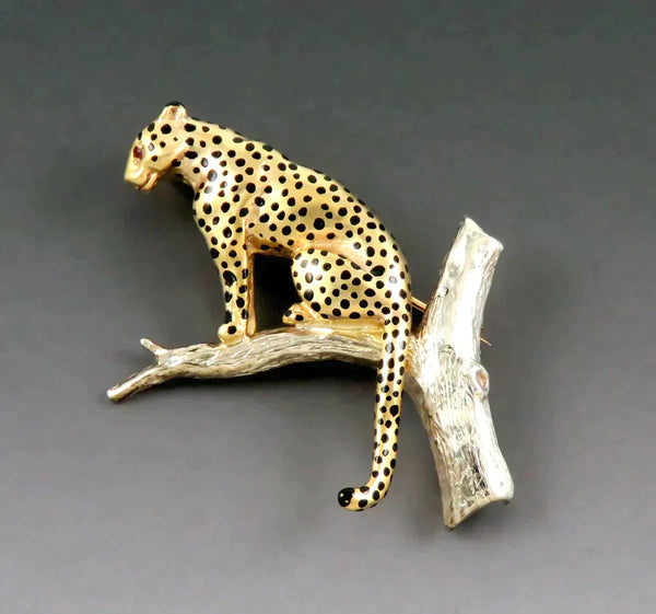 Lovely Pristine Harriet Glen 9k White and Yellow Gold Leopard Panther Pin Brooch