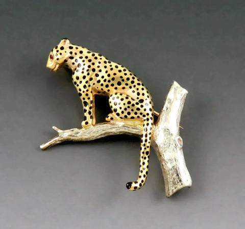 Lovely Pristine Harriet Glen 9k White and Yellow Gold Leopard Panther Pin Brooch